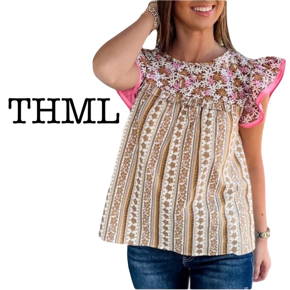 New THML Floral Cottage Short Sleeve Ruffle Cotton Top Size Medium - Picture 1 of 12